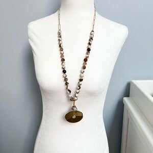 Serefina gold tone medallion disc and high quality beaded long necklace